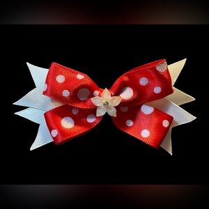 Red And White Polka Dot Ribbon Hair Bow Clip With White Flower Embellishment New